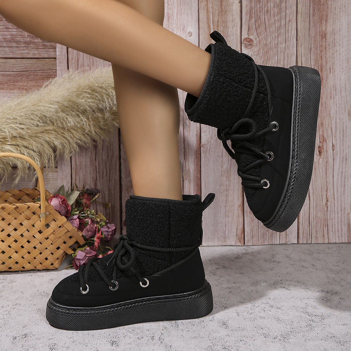 Fashion Lace-up Snow Boots Winter Height-enhancing Cotton Shoes