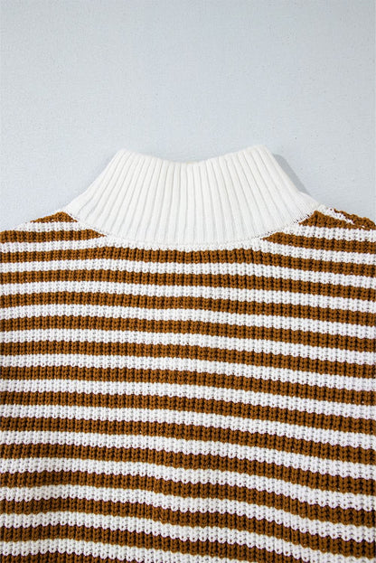 Black Stripe Zip-Up Collar Drop Sweater for Casual Elegance