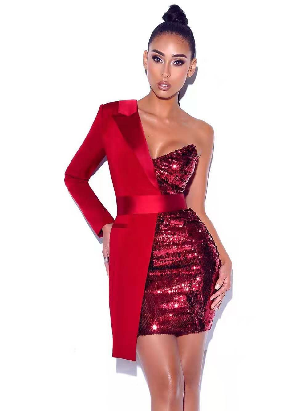 Red Paneled Sequin Dress.