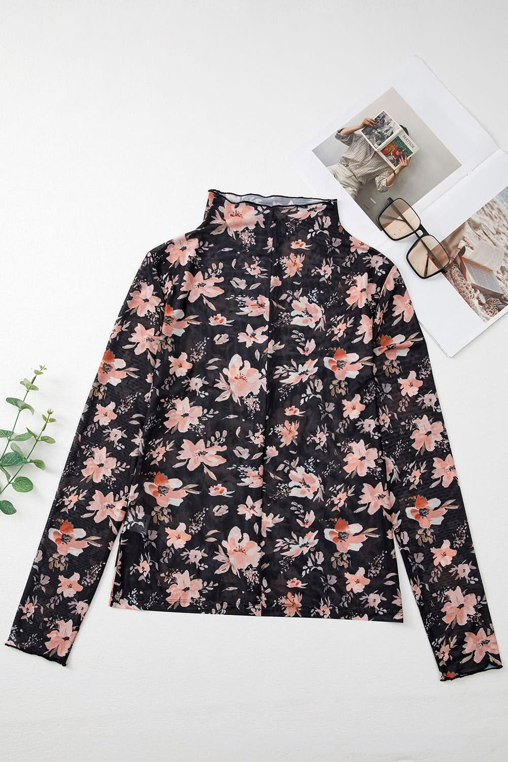 Black Floral Long Sleeve Slim Fit Mesh Top.