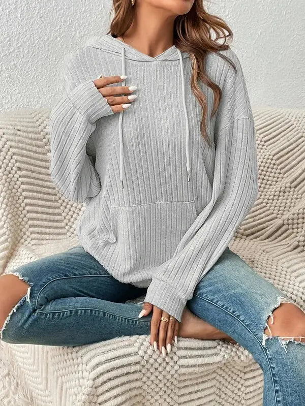 Fashion Drawstring Long-sleeved Hooded Sweatshirt With Pockets Solid Sunken Stripe Hoodie Knitwear Womens Clothing