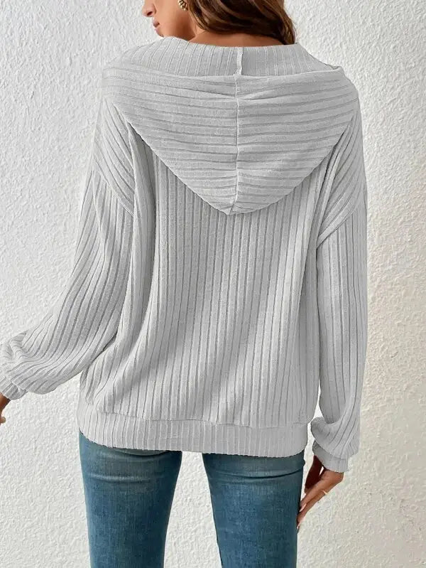 Fashion Drawstring Long-sleeved Hooded Sweatshirt With Pockets Solid Sunken Stripe Hoodie Knitwear Womens Clothing