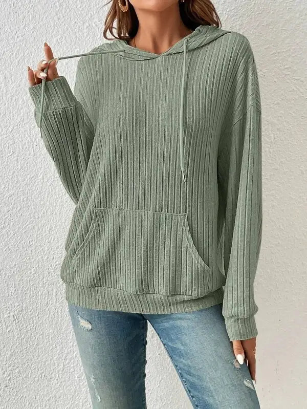 Fashion Drawstring Long-sleeved Hooded Sweatshirt With Pockets Solid Sunken Stripe Hoodie Knitwear Womens Clothing