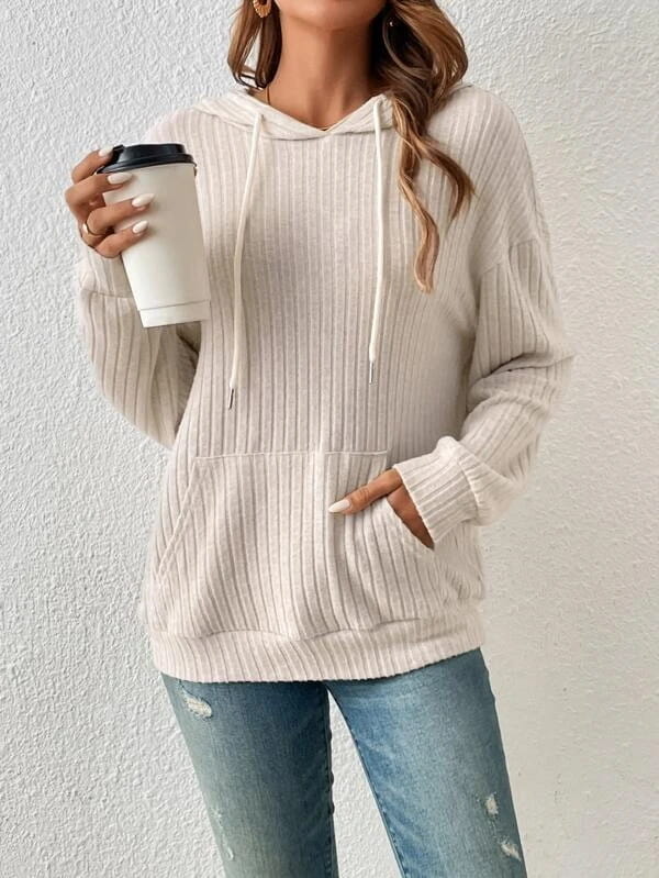 Fashion Drawstring Long-sleeved Hooded Sweatshirt With Pockets Solid Sunken Stripe Hoodie Knitwear Womens Clothing