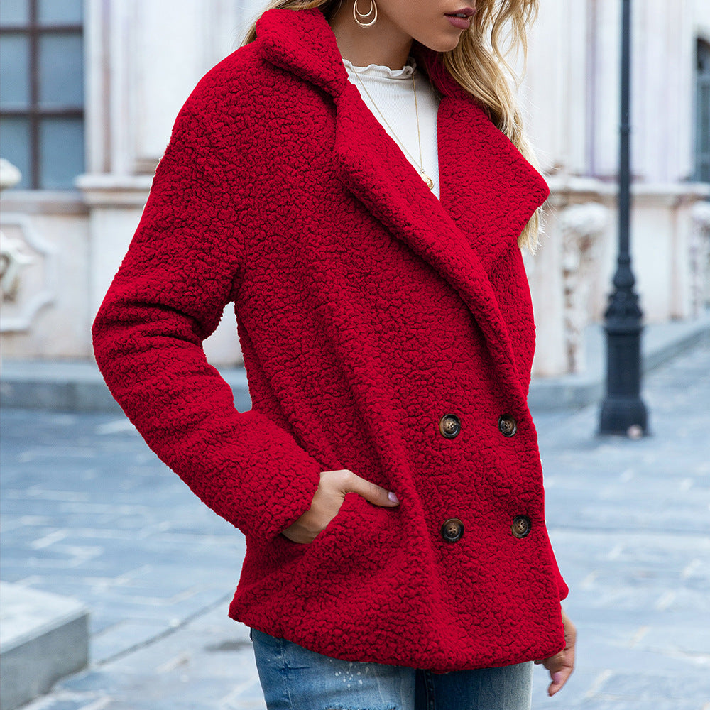 Loose Lapel Fluffy Coat Winter Button