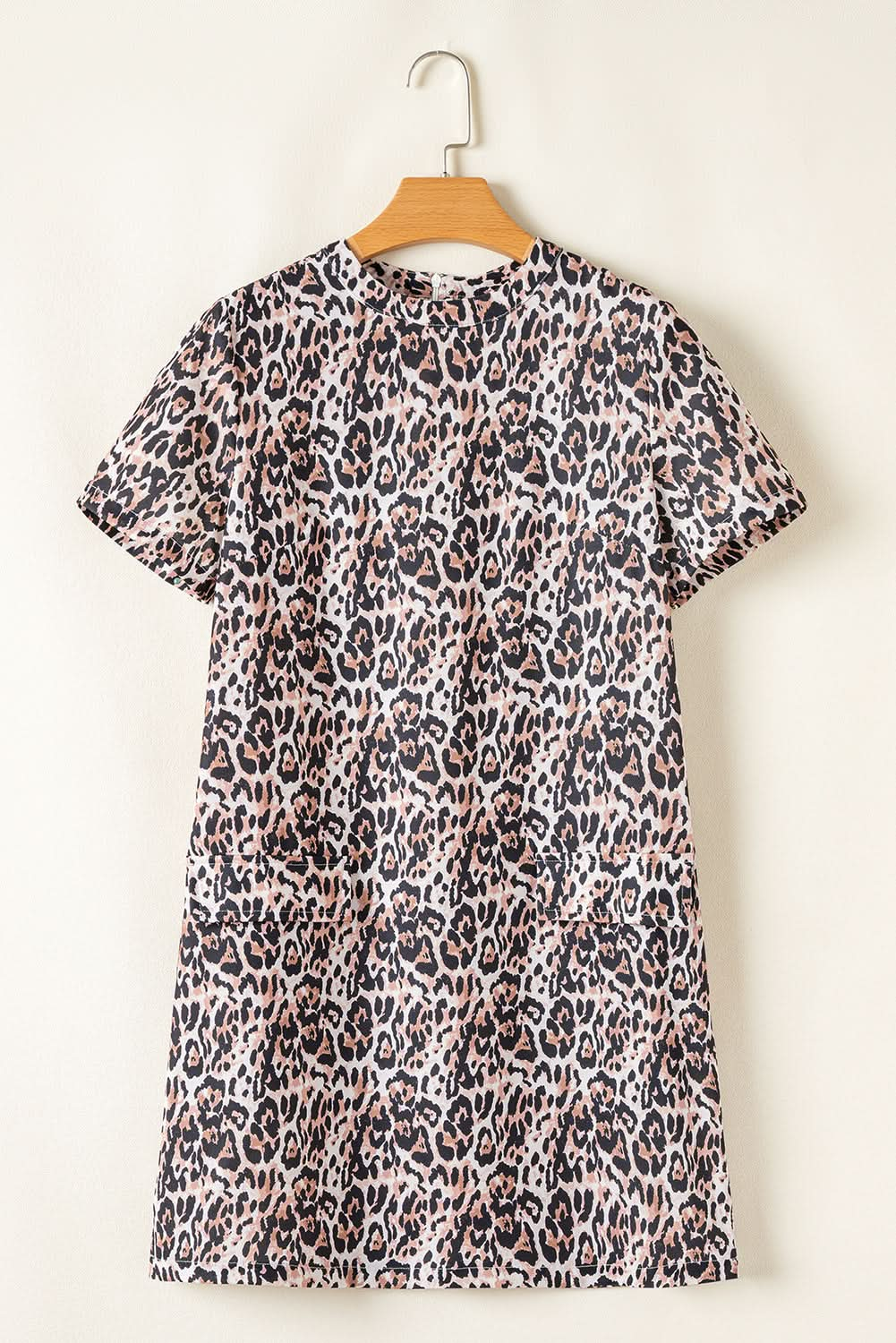 Brown Leopard Print Short Sleeve Pocket Mini Dress.