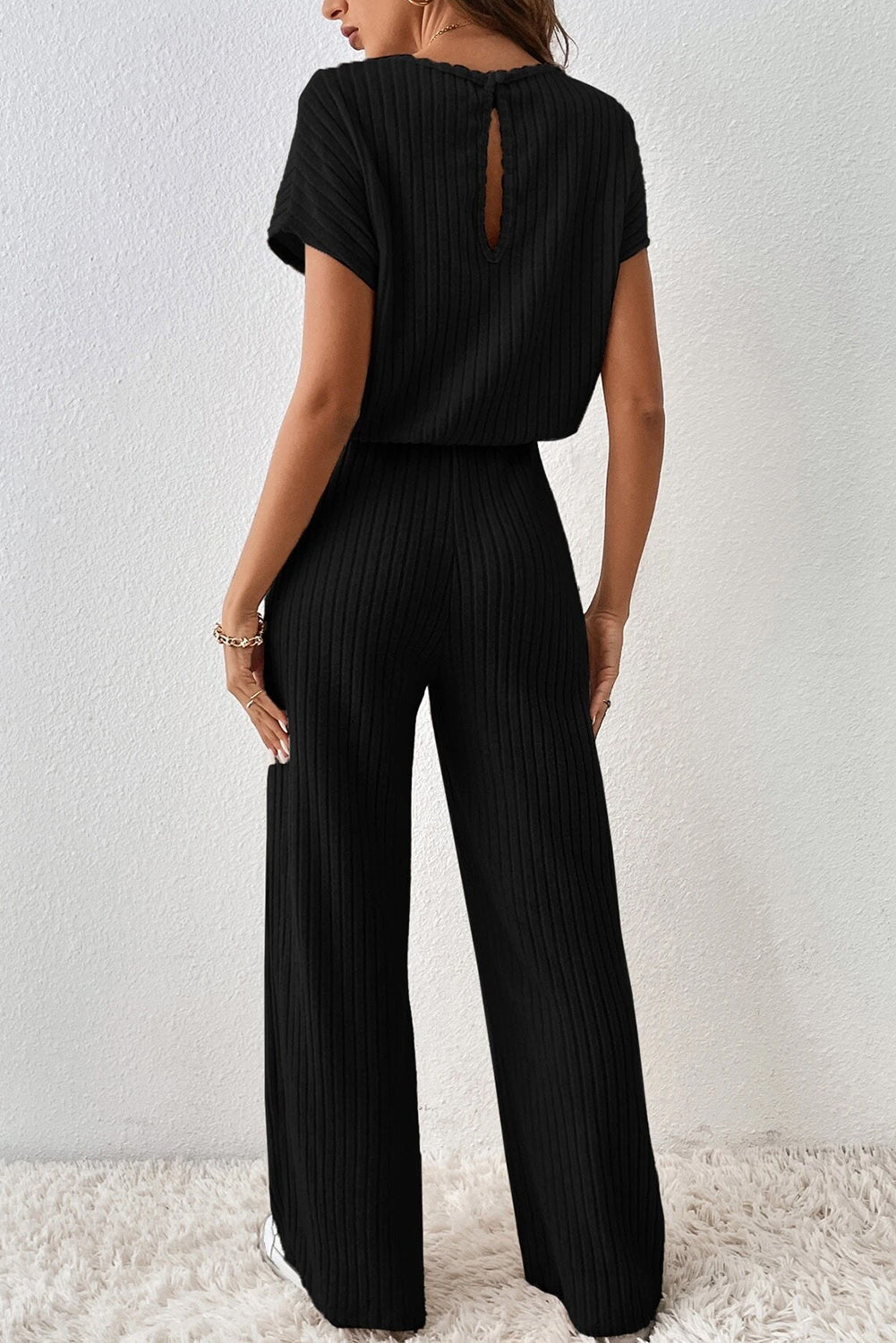 Parchment Ribbed Short Sleeve Wide Leg Jumpsuit