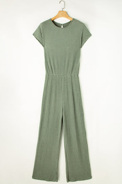 Parchment Ribbed Short Sleeve Wide Leg Jumpsuit