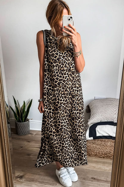 Black Contrast Striped Trim Leopard Sleeveless Midi Dress.