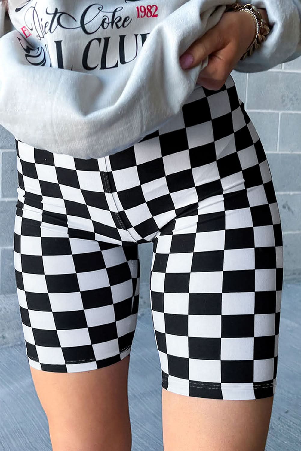 Black Checkerboard Printed High Waist Biker Shorts.