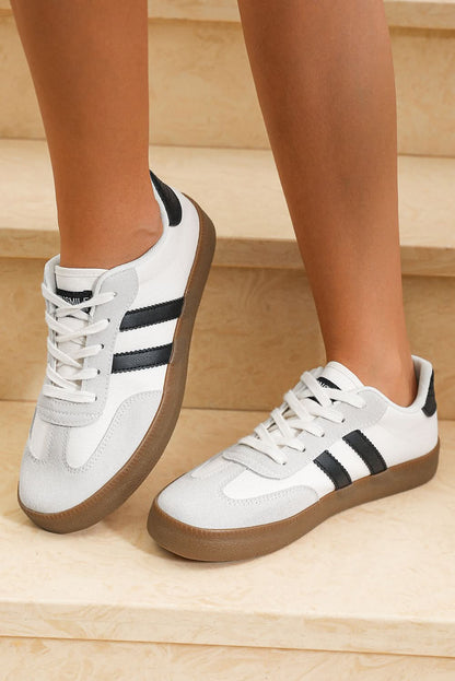 White Striped Lace Up Flat Sneakers.