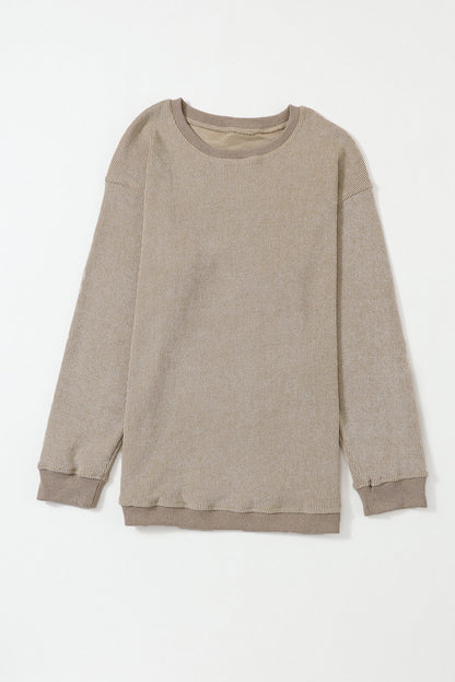 Khaki Solid Ribbed Round Neck Pullover Sweatshirt.