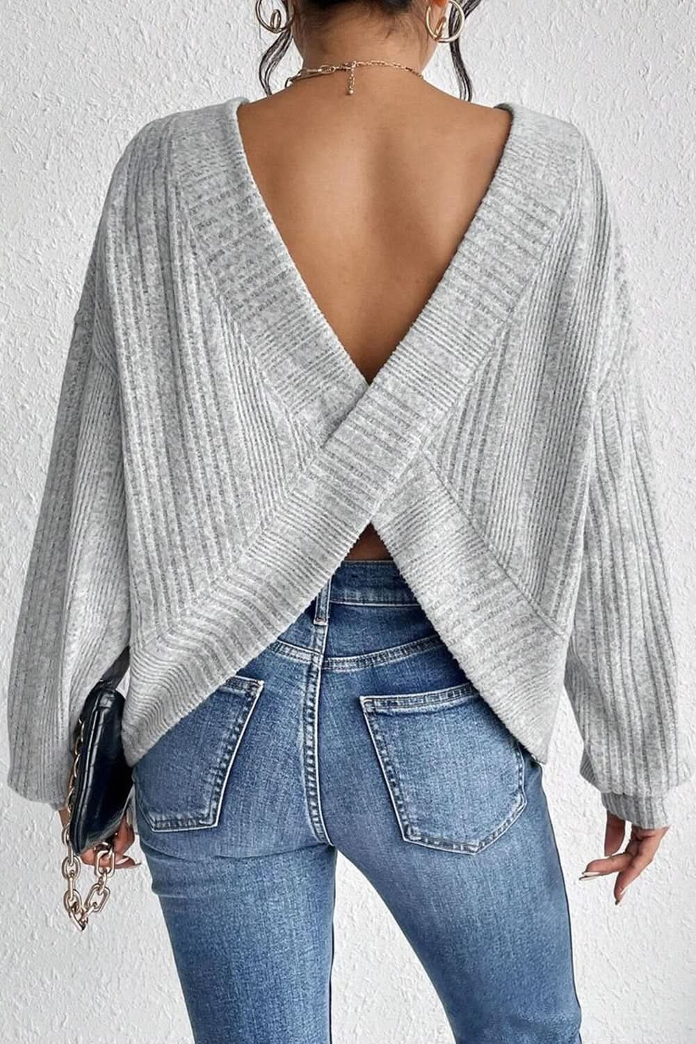 Light Grey Ribbed Backless Drop Sleeve Top.