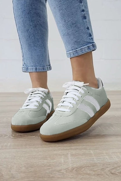 White Striped Lace Up Flat Sneakers.