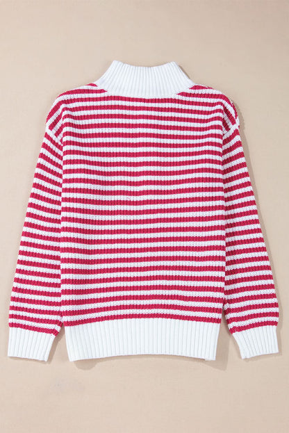 Black Stripe Zip-Up Collar Drop Sweater for Casual Elegance