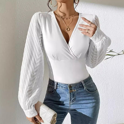 Women's Chiffon Stitching Solid Color Knitted Deep V Long Sleeve Top