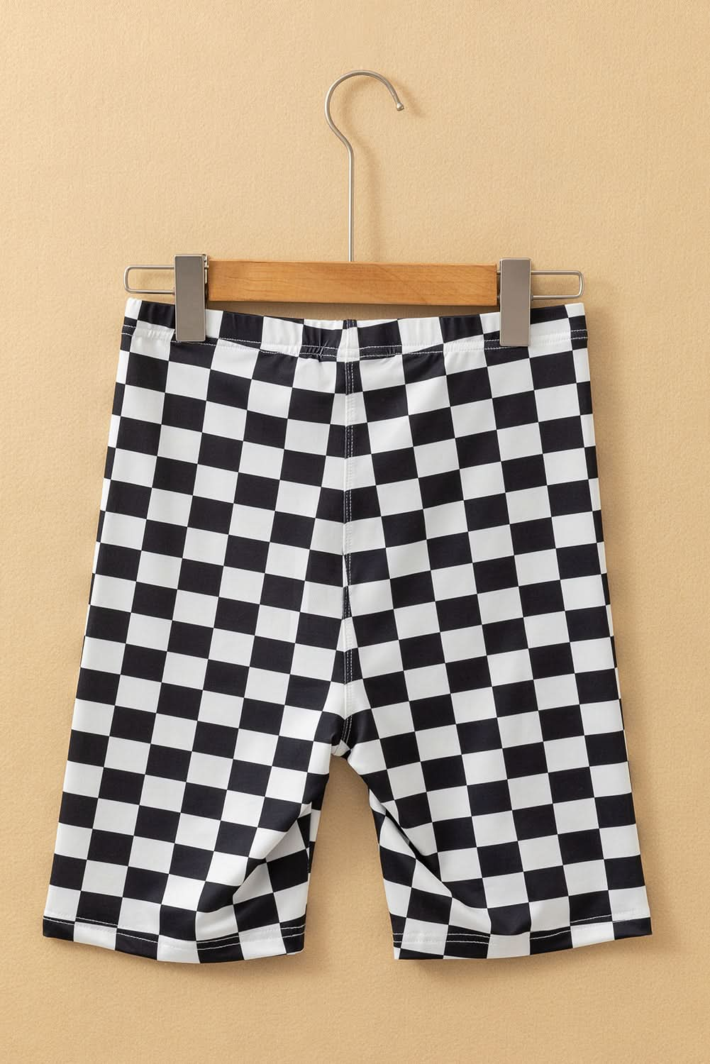 Black Checkerboard Printed High Waist Biker Shorts.