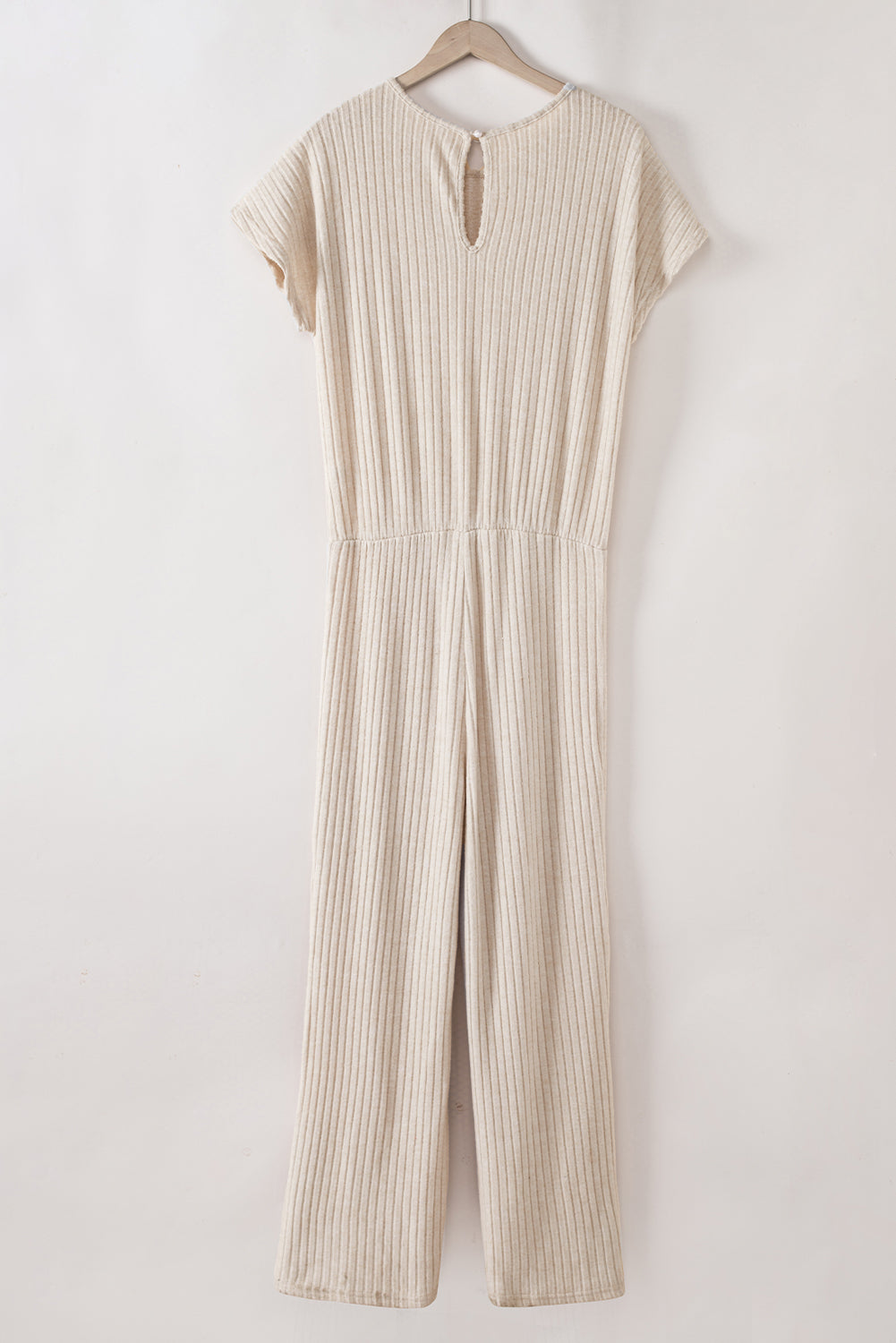 Parchment Ribbed Short Sleeve Wide Leg Jumpsuit.