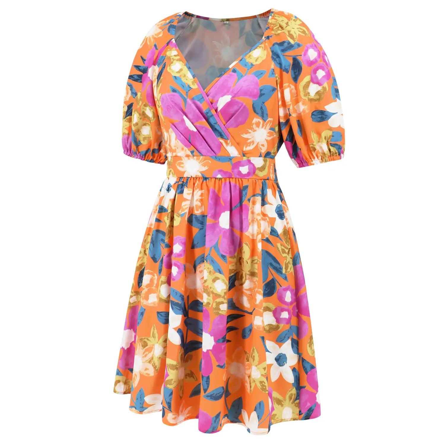 Flowers Print V-Neck Lantern-sleeve Dress