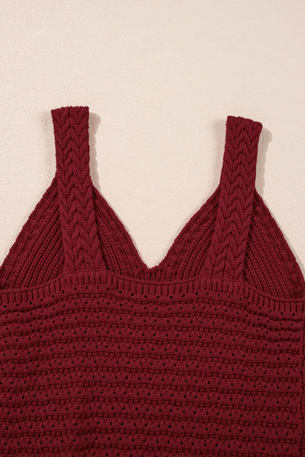 Burgundy Slim Fit V Neck Cable Knit Pointelle Camisole.