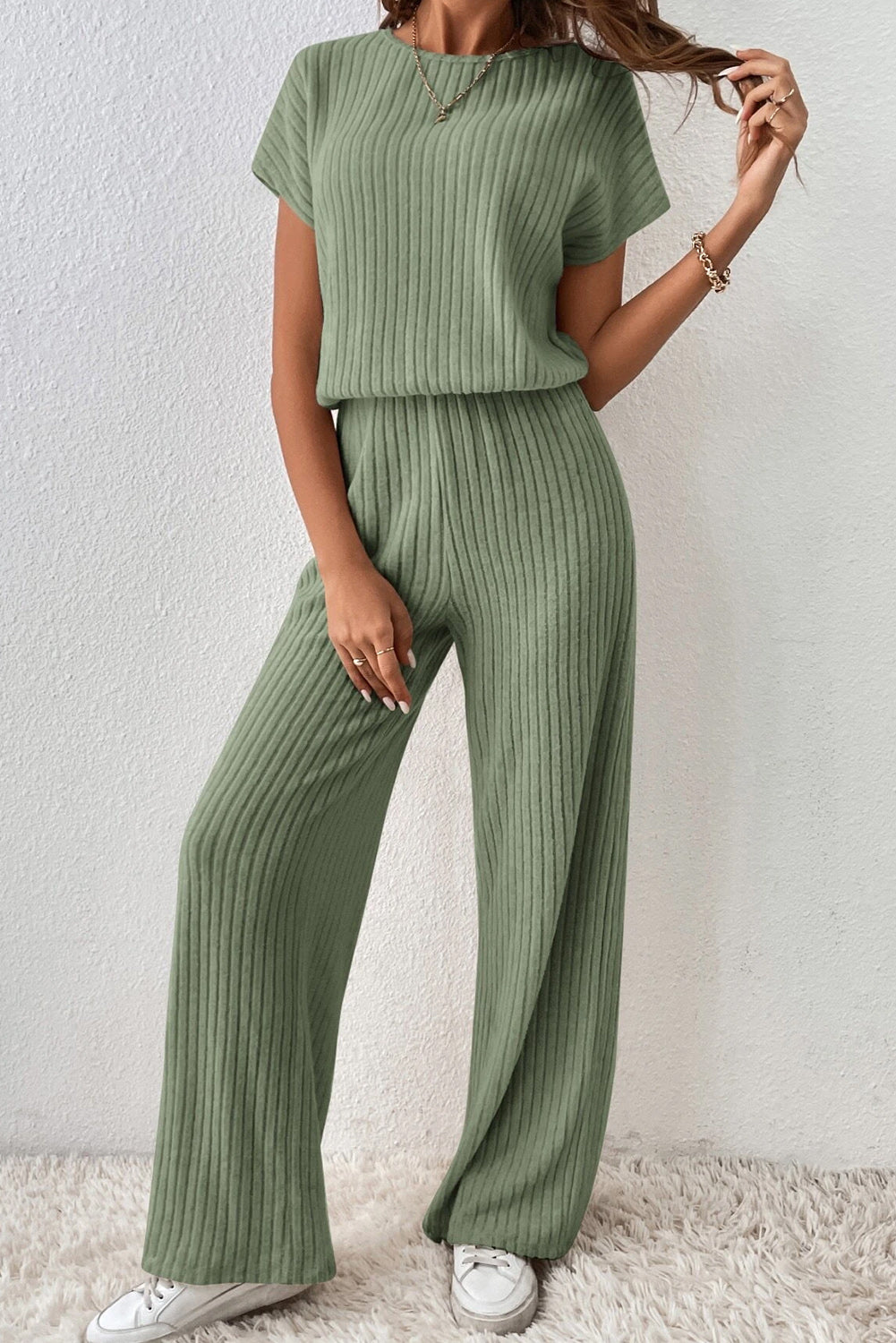 Parchment Ribbed Short Sleeve Wide Leg Jumpsuit.