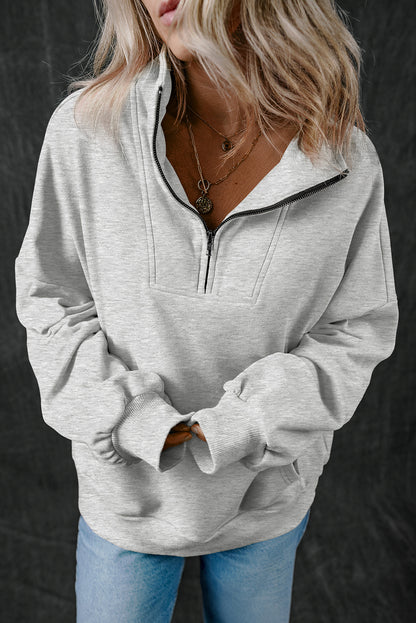 Zip-up Stand Neck Kangaroo Pocket Hoodie.