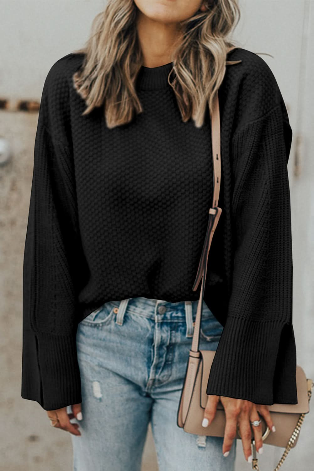 Dark Green Textured Knit Sweater.