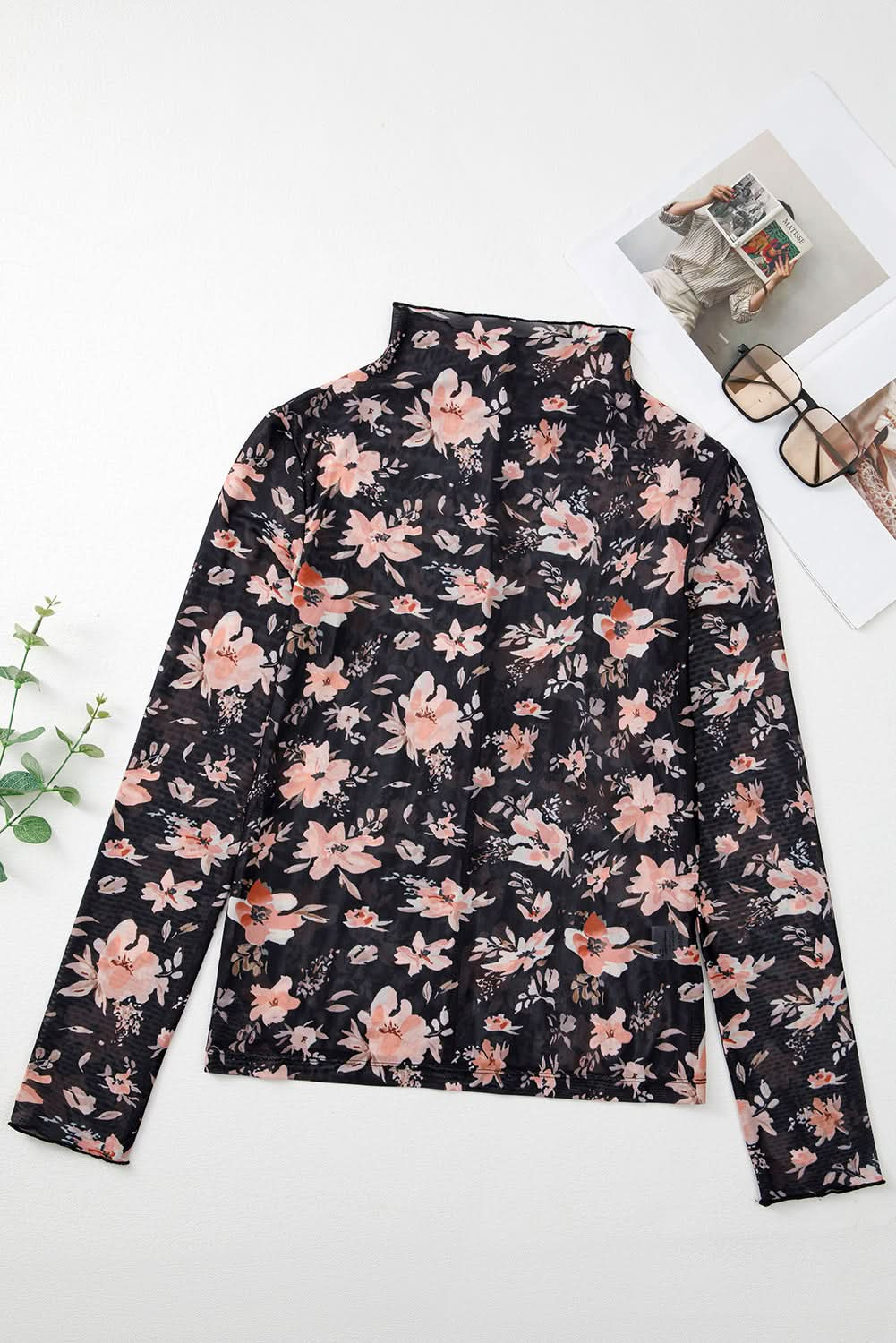 Black Floral Long Sleeve Slim Fit Mesh Top.