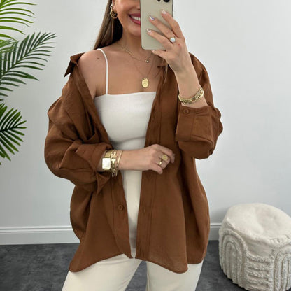 Spring And Autumn Fashion Shirt Women's Loose Hanging Shoulder Single-breasted Cardigan Long Sleeve Shirt