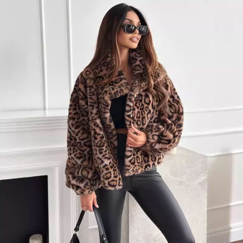 Fashion Personality Fur Leopard Print Lapel Short Coat.