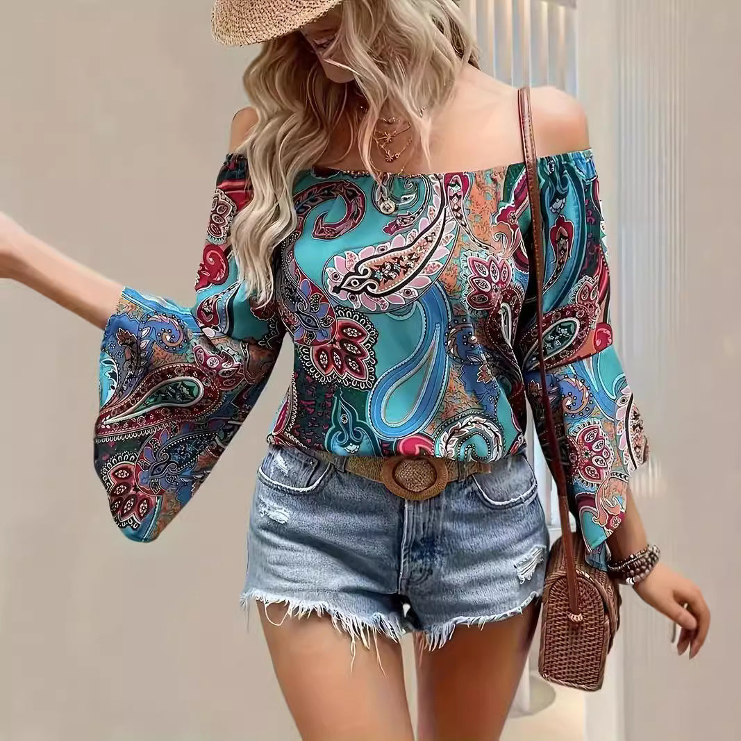 Printed Off-the-shoulder Women's Shirt Elegant Ruffle Sleeve Printed Blouse Sexy