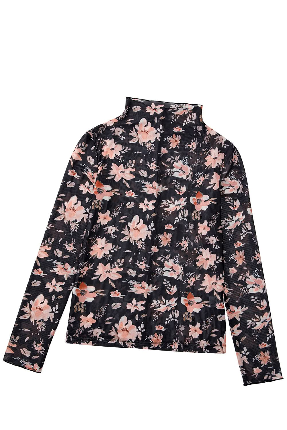 Black Floral Long Sleeve Slim Fit Mesh Top.