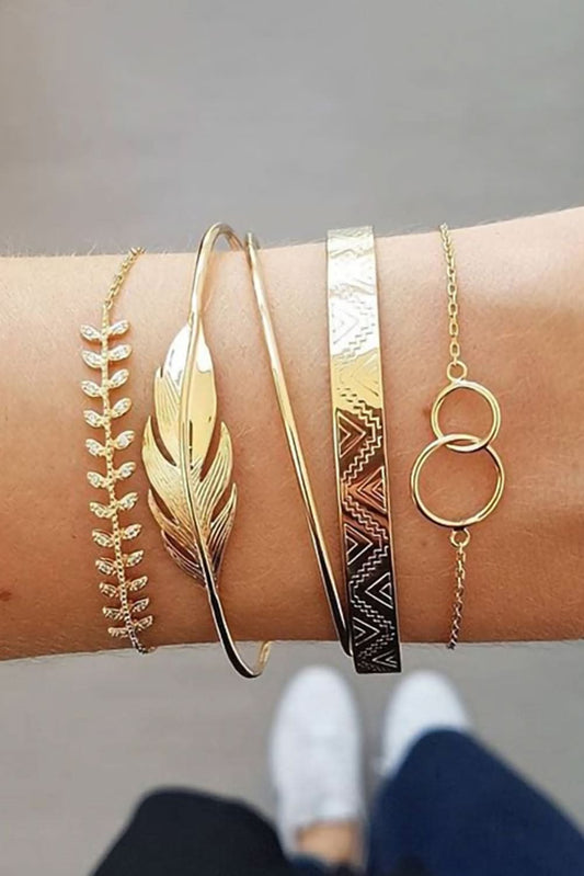 Gold 5Pcs Bohemian Leaf Adjustable Plated Bracelet Set.