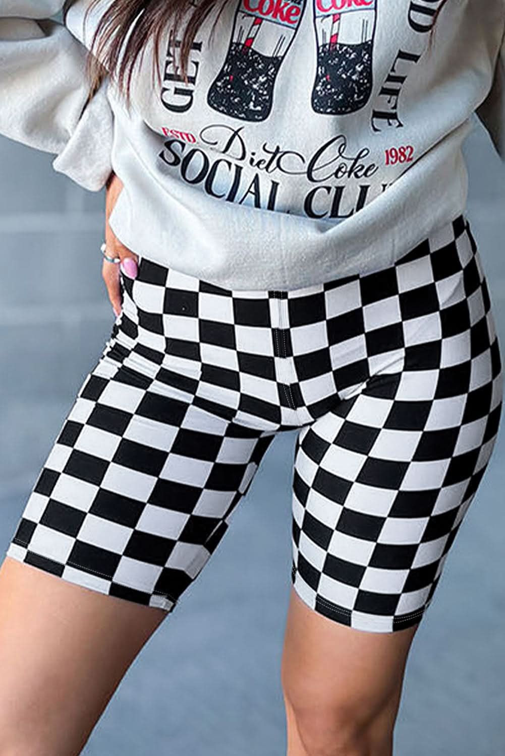 Black Checkerboard Printed High Waist Biker Shorts.