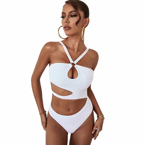 Women's summer new one piece swimsuit solid color hollow backless swim