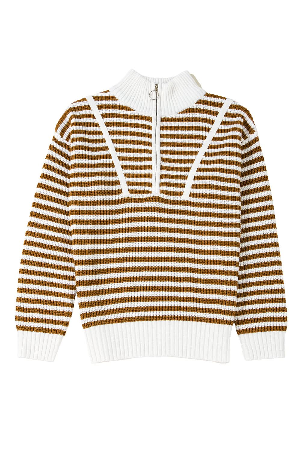 Black Stripe Zip-Up Collar Drop Sweater for Casual Elegance