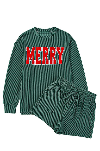 Evergreen Corded MERRY Top and Shorts Set.