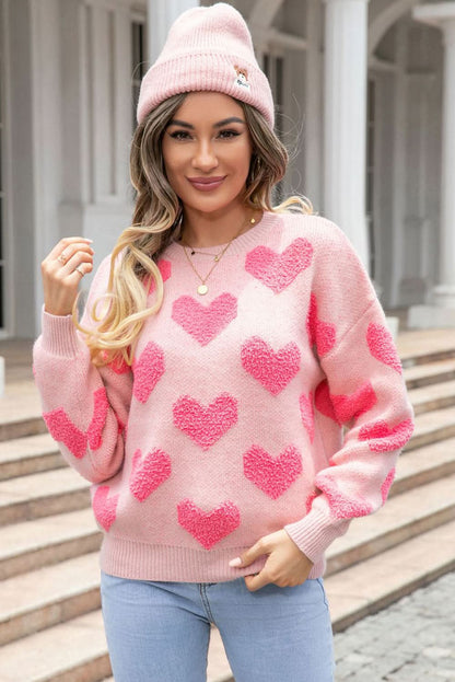 Light Pink Valentines Day Heart Jacquard Knit Sweater.