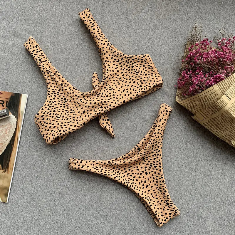 Leopard print backless one-piece bikini