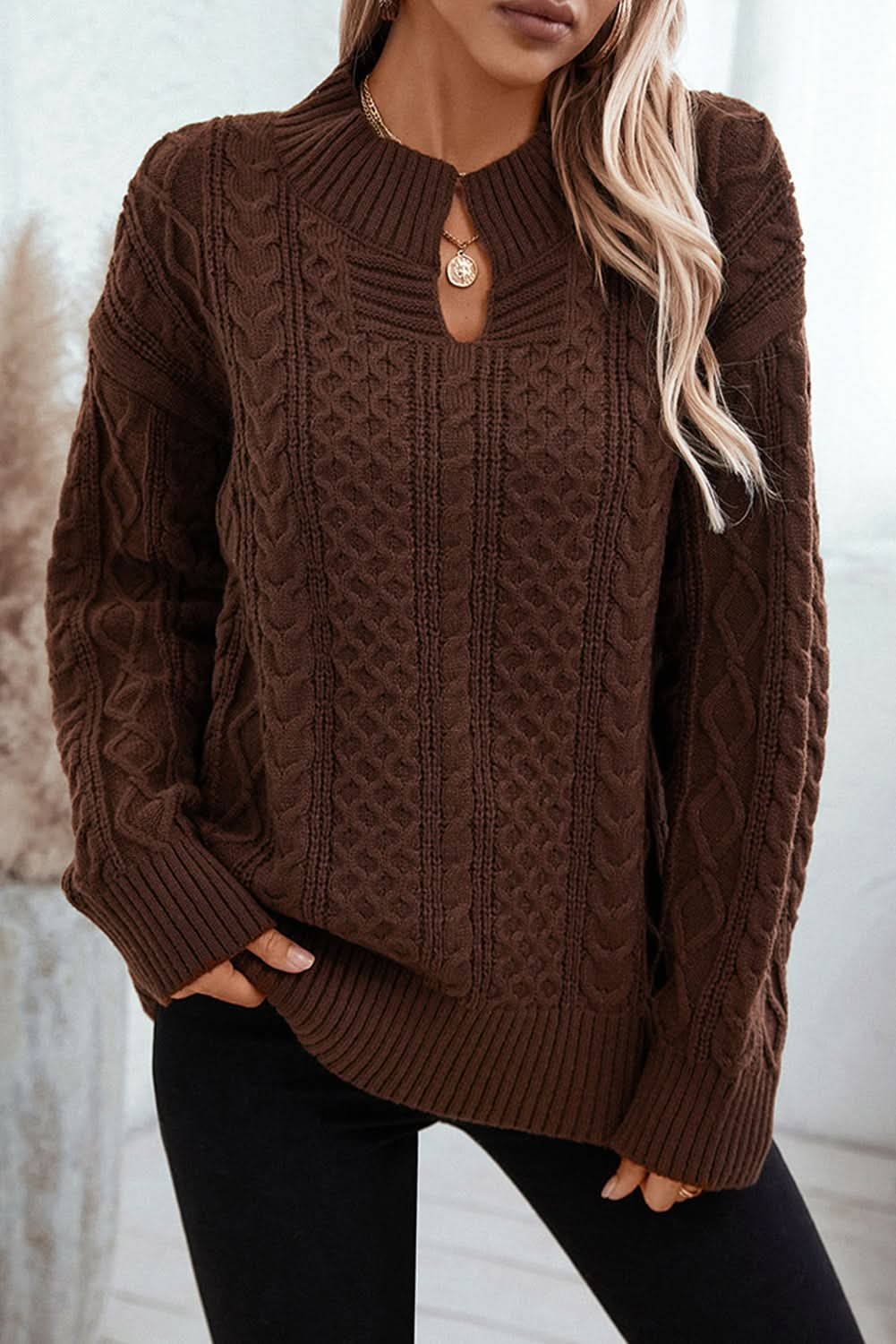 Coffee Twisted V-Neck Loose Casual Knit Sweater.