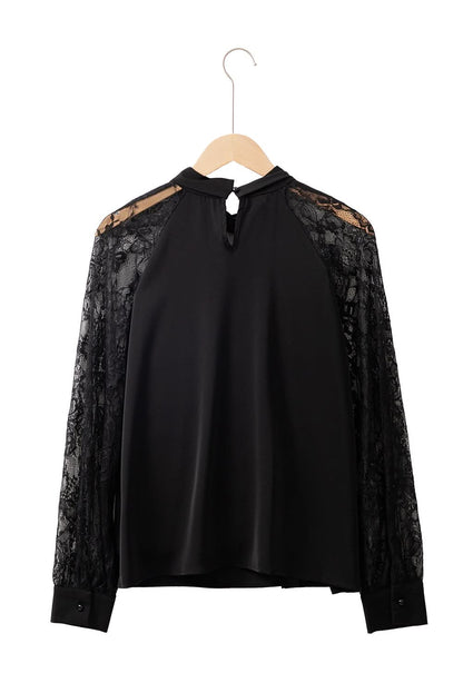 Black Keyhole Neckline Lace Splicing Raglan Sleeve Blouse.