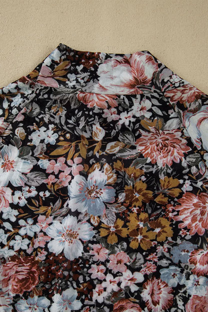 Brown Floral Print Mesh Mock Neck Slim Top.