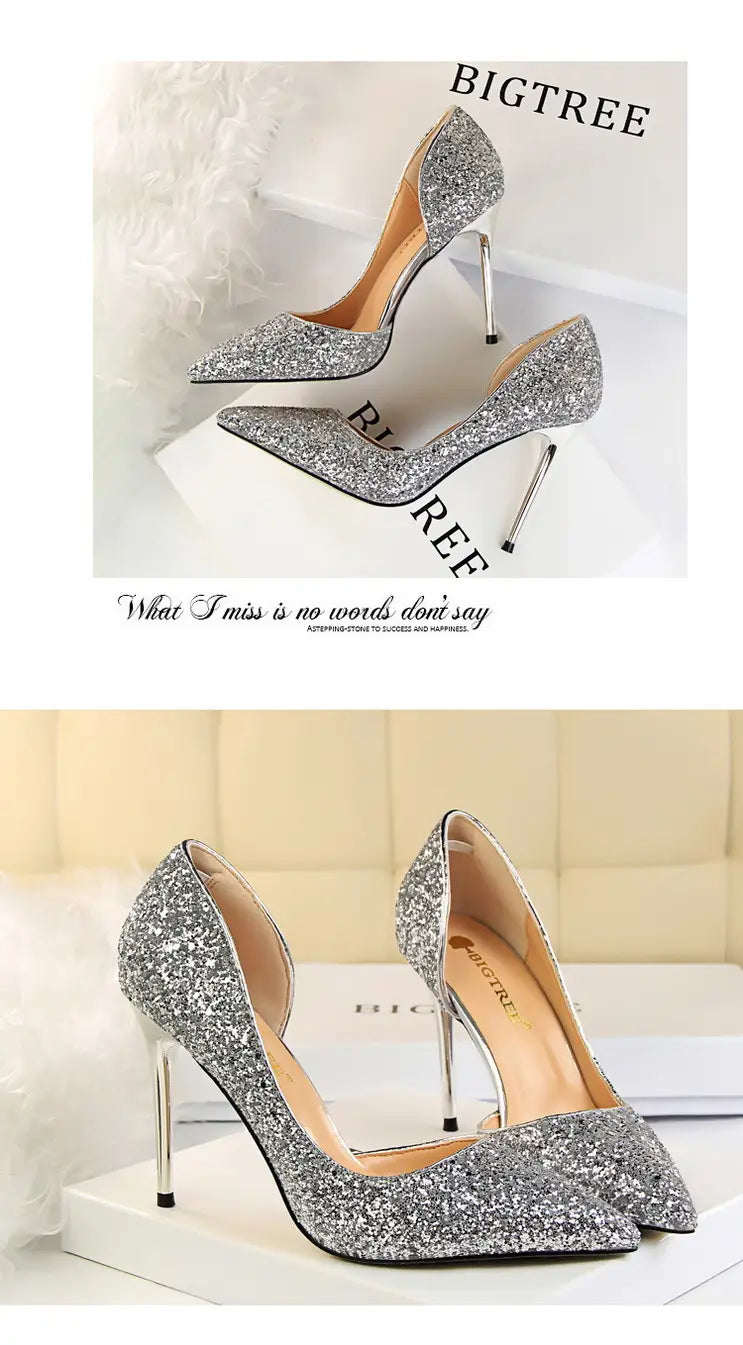 Skinny Women’s Shoes Stiletto Heel Shallow Mouth Pointed Side Hollow-out Sequin