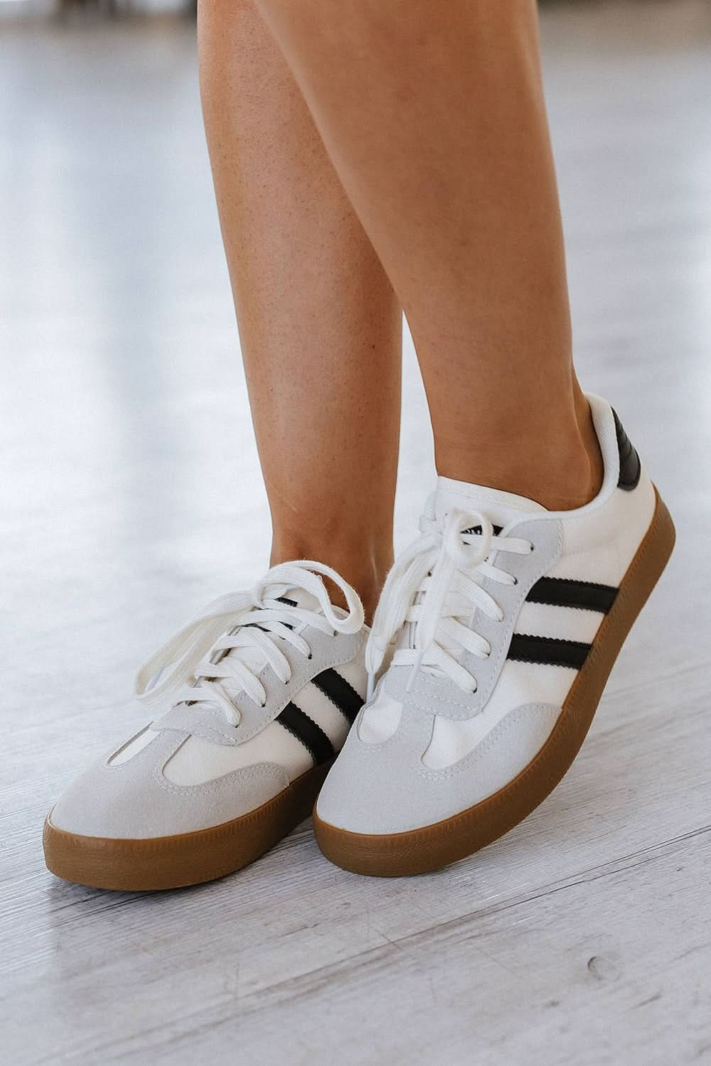 White Striped Lace Up Flat Sneakers.