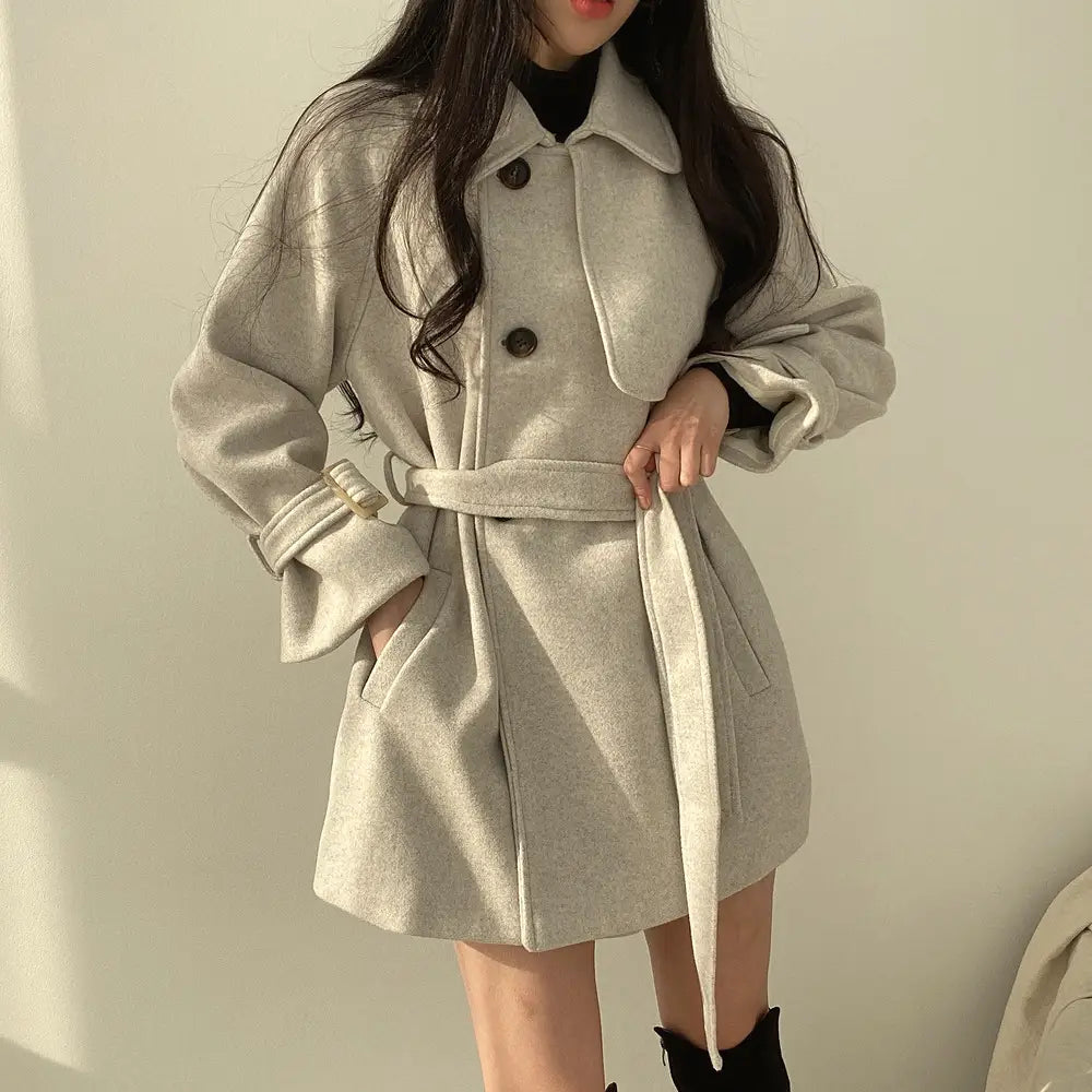 Korean Style Fashion Lace-up Retro Woolen Trench Coat