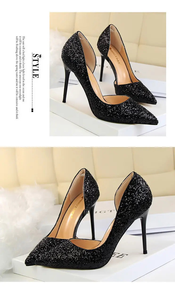 Skinny Women’s Shoes Stiletto Heel Shallow Mouth Pointed Side Hollow-out Sequin