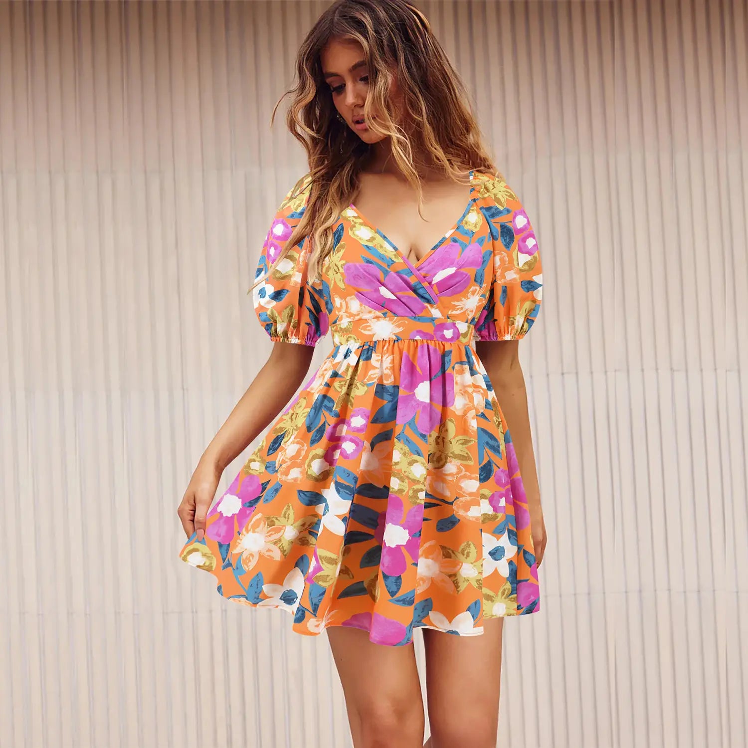 Flowers Print V-Neck Lantern-sleeve Dress