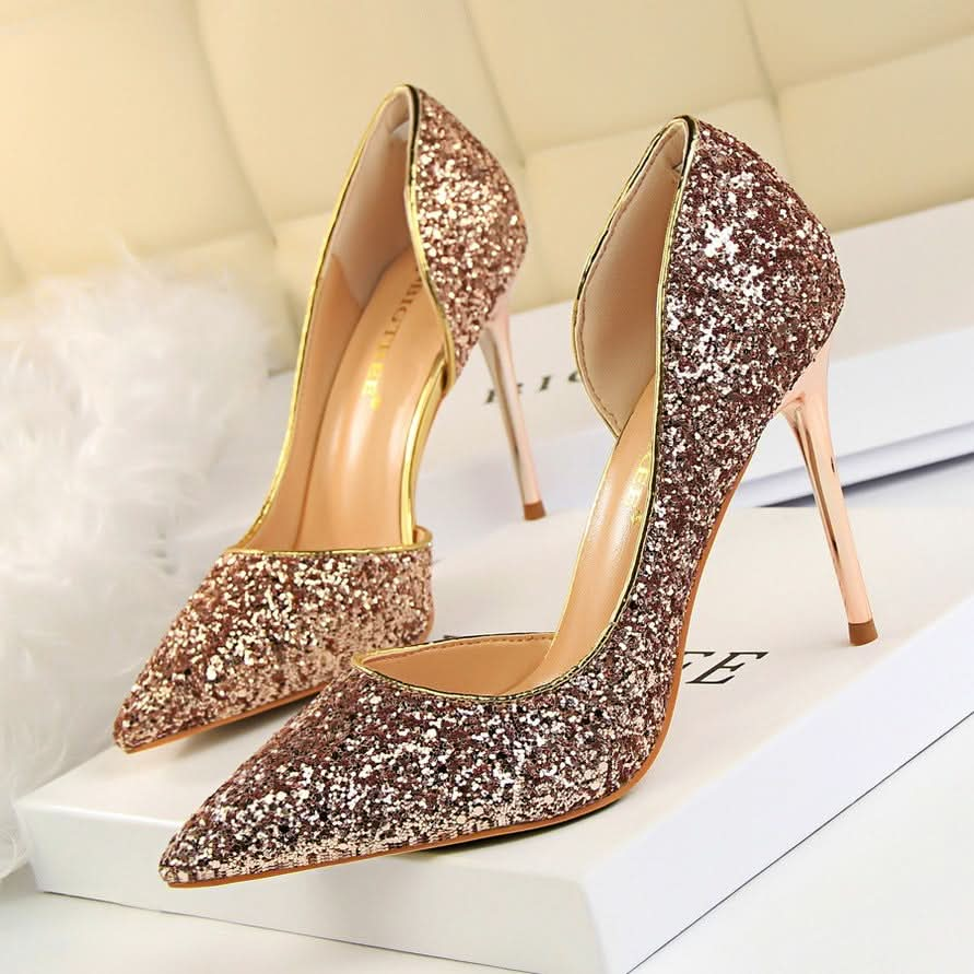 Skinny Women's Shoes Stiletto Heel Shallow Mouth Pointed Side Hollow-out Sequin.