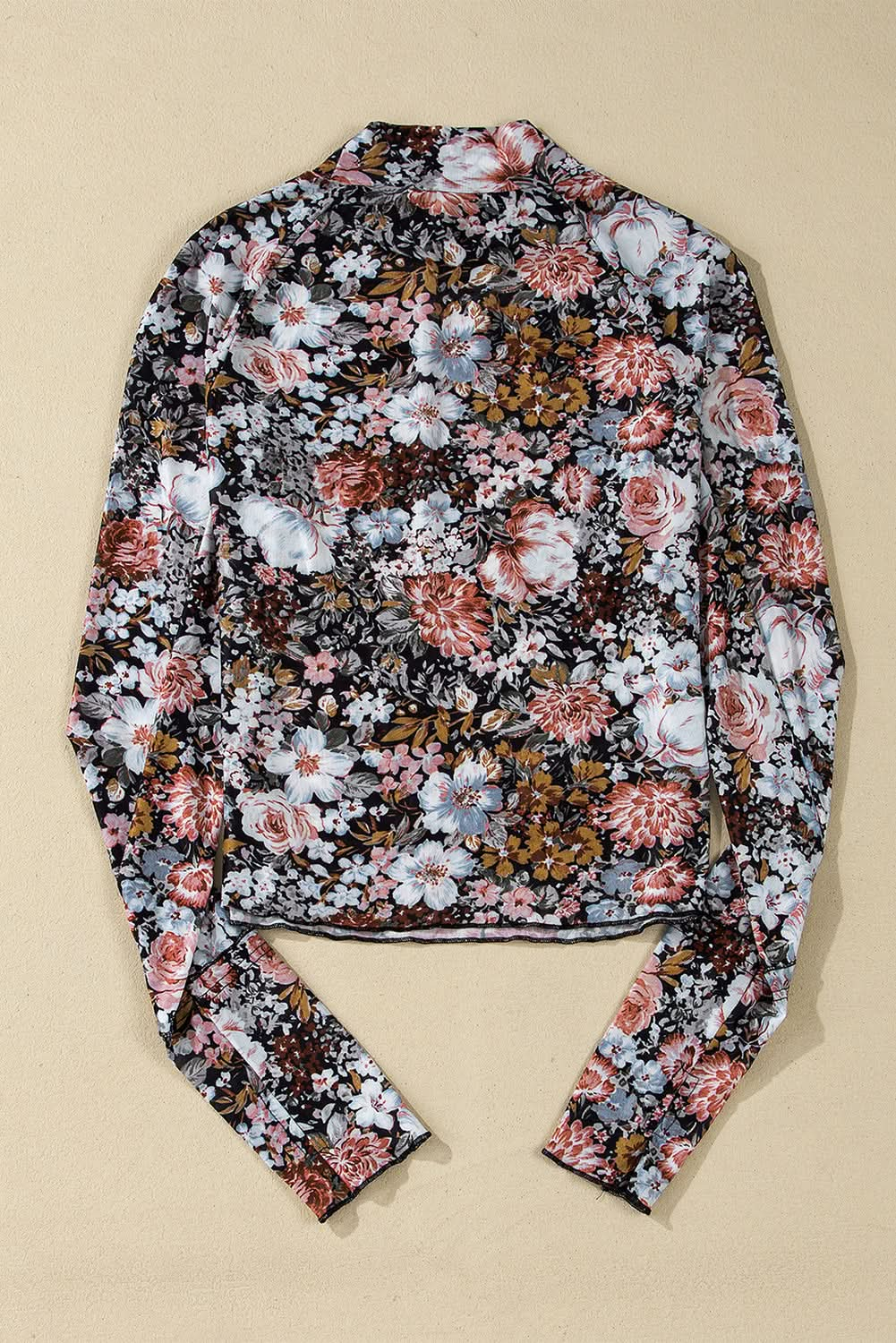 Brown Floral Print Mesh Mock Neck Slim Top.