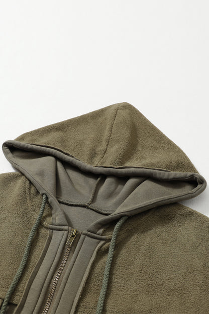 Green Flap Pockets Bishop Sleeve Zip Up Hoodie.